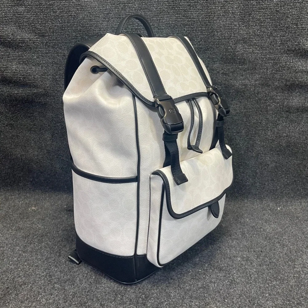 Coach CU201 Chalk/White & Black Leather Signature Canvas League Flap Backpack
